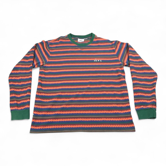 Obey Shirt Adult LARGE Green Striped Geometric Ringer Skate Streetwear Colorful - Picture 1 of 9